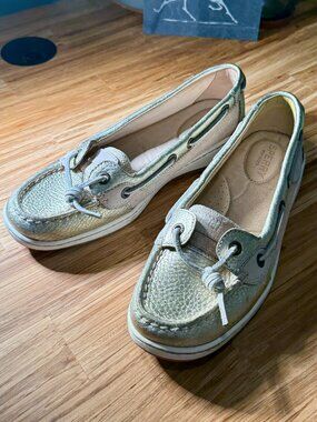 Sperry Gold Boat Shoes - 2-eyelet - gold/metallic on cream tweed - GUC - 7.5 wm